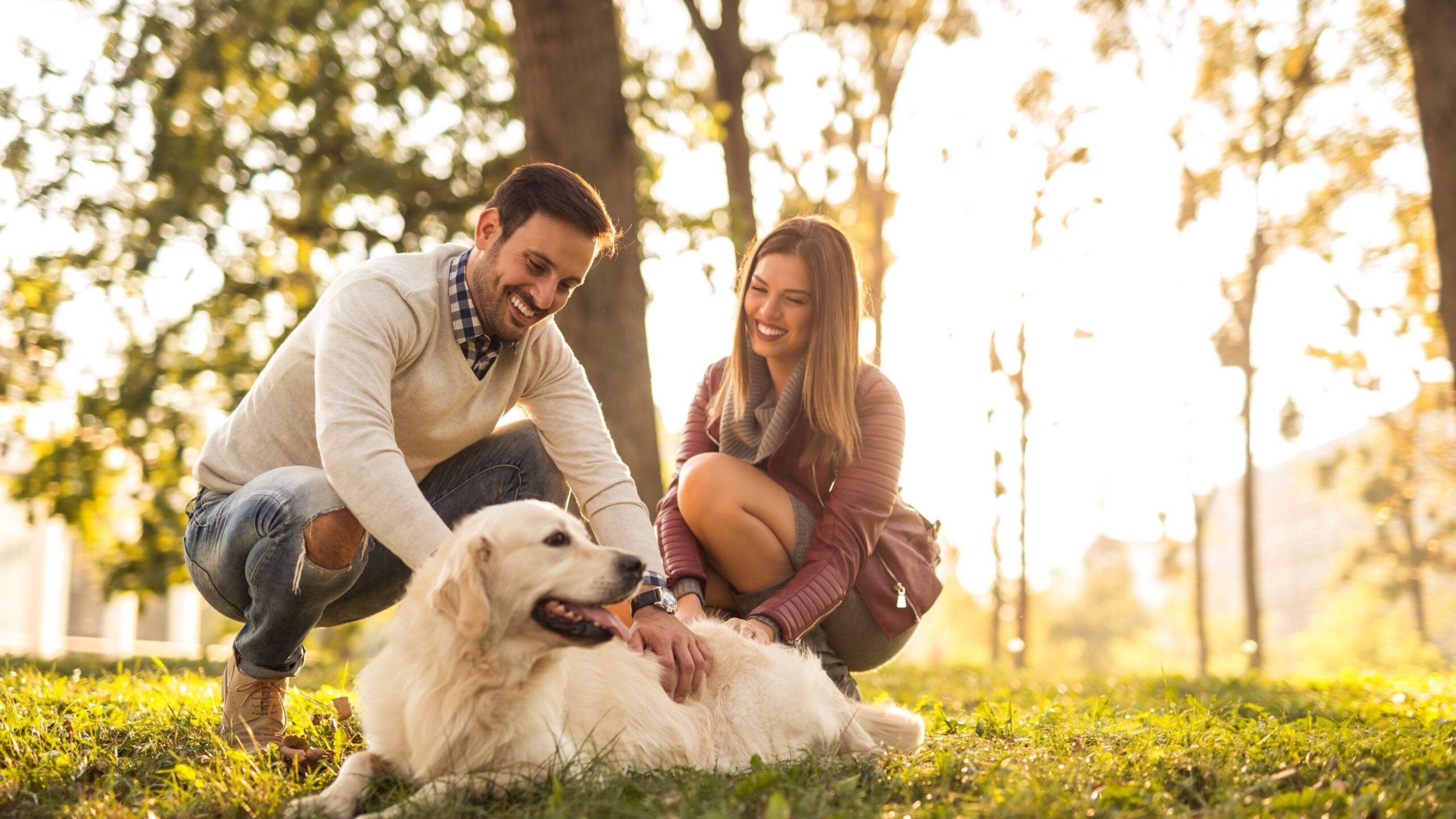 The Townes at Hatcher Creek Happy couple at the park with their golden retriever 